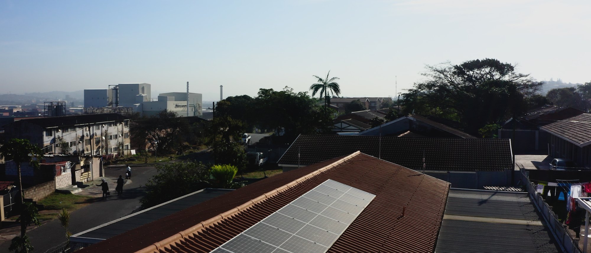 Aerial view of rooftop solar installation in a residential area